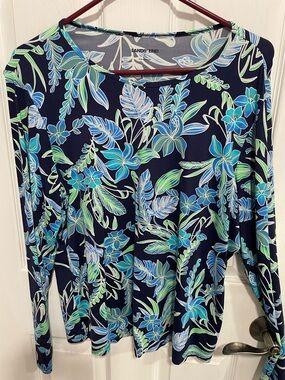 Lands' End Navy Floral Scoop-Neck Top